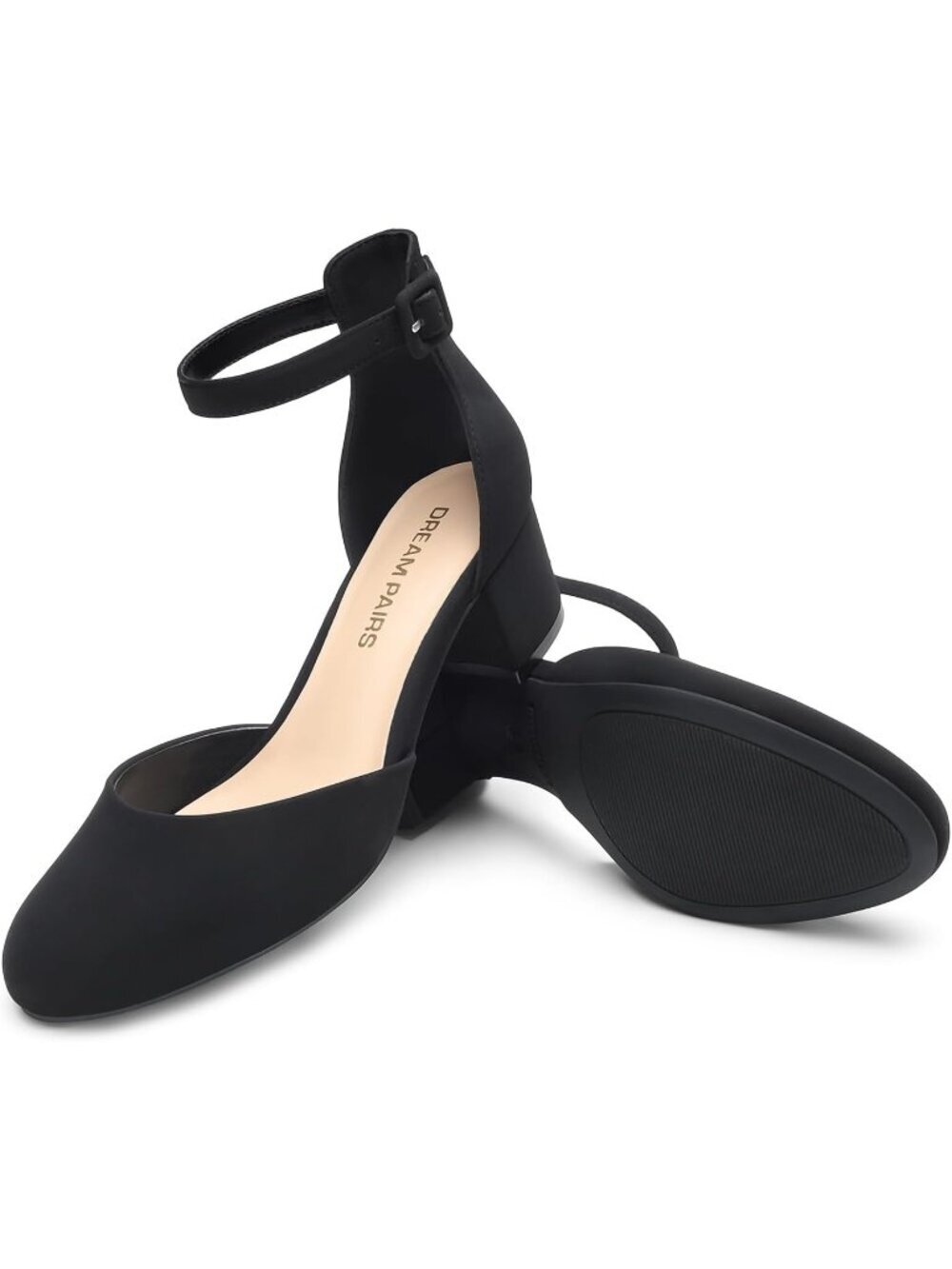 Women's Black Nubuck Closed Round Toe Ankle Strap Low Chunky Block Heels Pumps - Picture 4 of 6